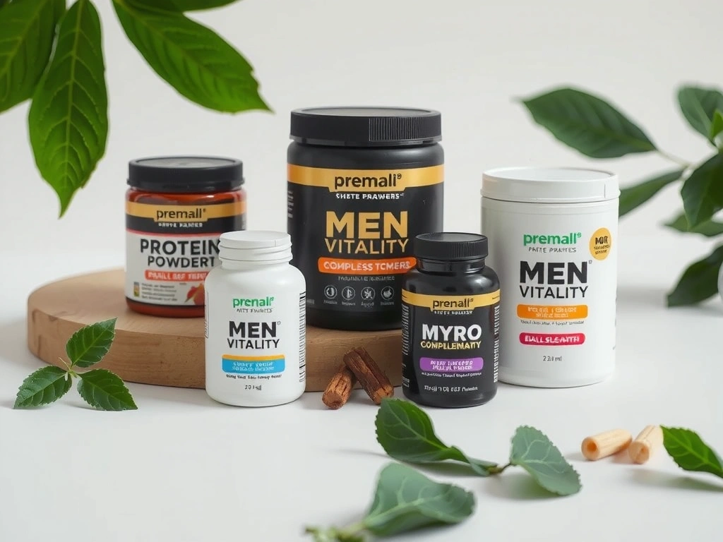 Men's vitality supplements collection with natural bottles and packaging