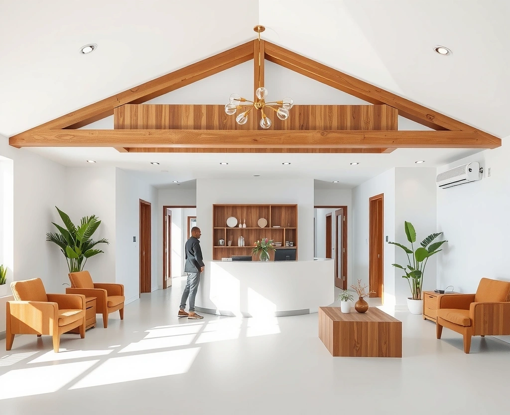 Modern wellness center interior with natural elements and comfortable consultation areas